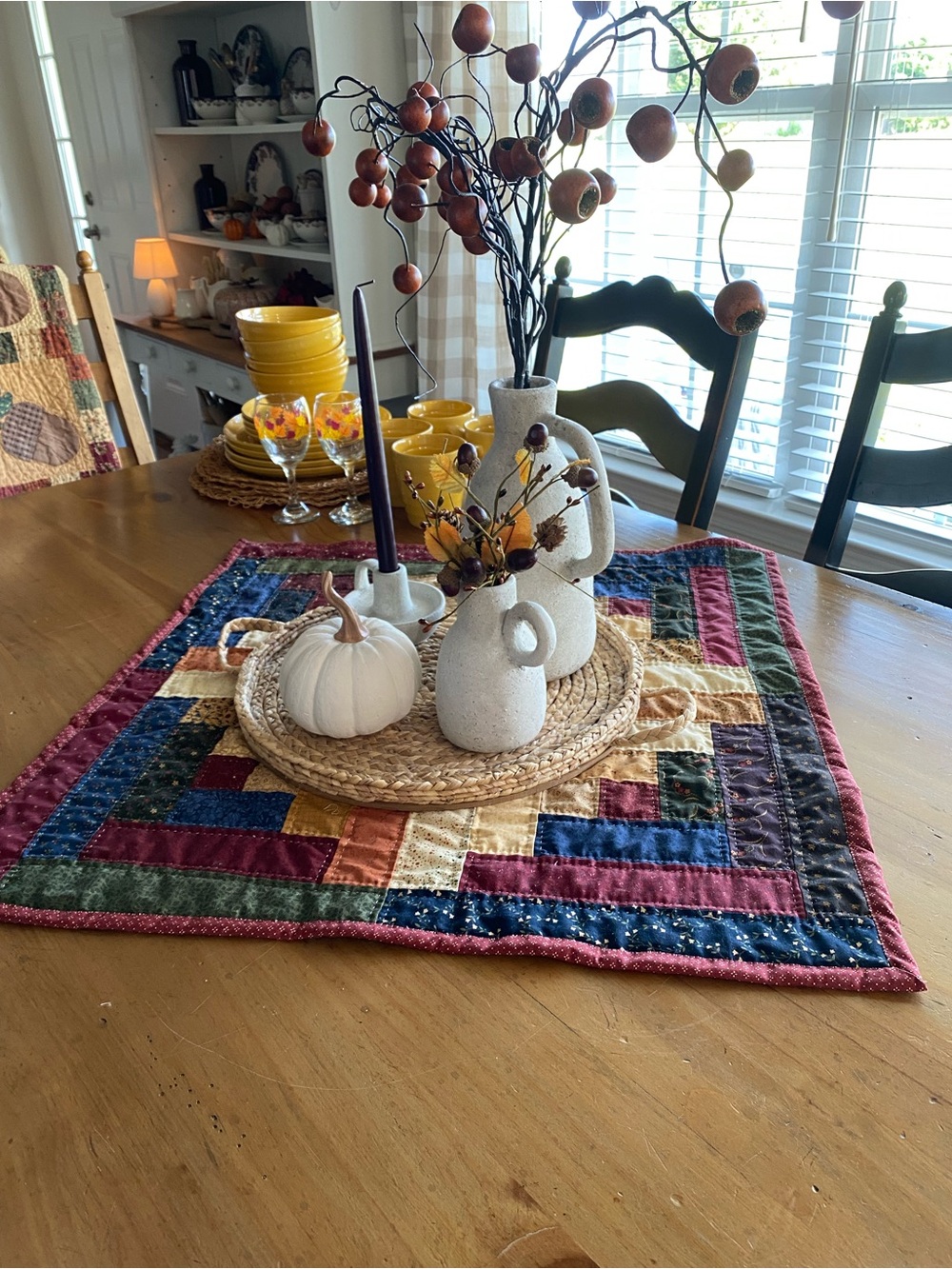 Handmade Log Cabin Table Topper - Multicolor Quilted Table Topper